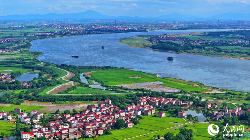 豐城市小港鎮南岸村一帶，鱗次櫛比的紅瓦頂農房與綠色田園、藍天白云相映成景。人民網 朱海鵬攝