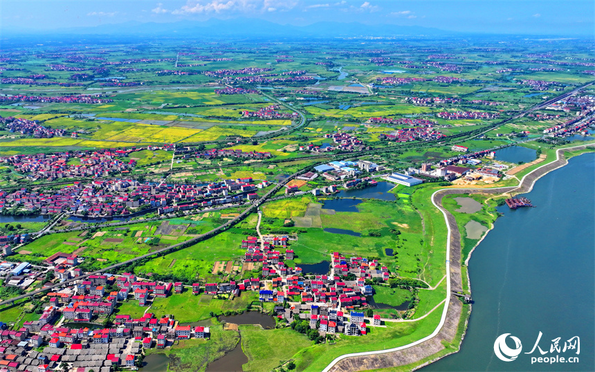 豐城市拖船鎮蛟湖村，錯落分布的房屋與河流、綠樹、農田相映成景。人民網 朱海鵬攝