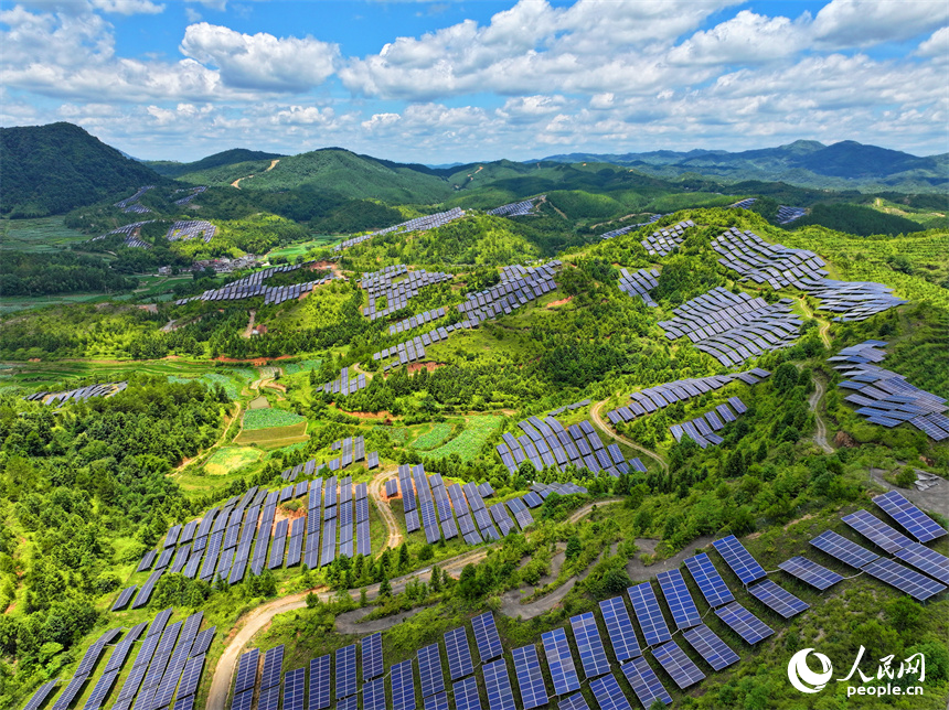 贛州市石城縣琴江鎮漢坑村的光伏發電項目基地，荒山坡上鱗次櫛比的光伏發電板蔚為壯觀。人民網 朱海鵬攝