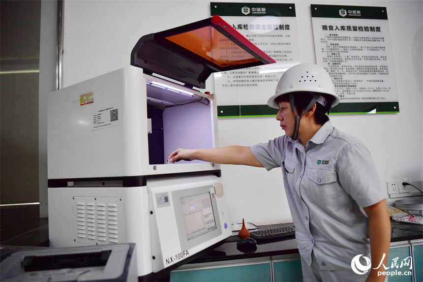 糧食質檢室內，工作人員正在對扦樣的早稻進行重金屬檢驗。人民網記者 時雨攝