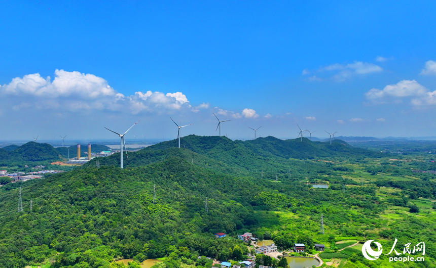 位于九江市彭澤縣的中廣核彭澤泉山風力發電項目風電場，風葉迎風旋轉，轉化成清潔電能輸入電網。人民網 朱海鵬攝