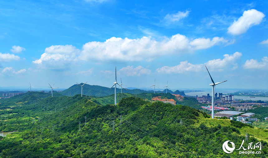 位于九江市彭澤縣的中廣核彭澤泉山風力發電項目風電場，風葉迎風旋轉，轉化成清潔電能輸入電網。人民網 朱海鵬攝