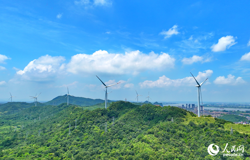 位于九江市彭澤縣的中廣核彭澤泉山風力發電項目風電場，風葉迎風旋轉，轉化成清潔電能輸入電網。人民網 朱海鵬攝