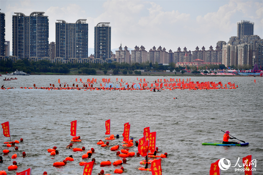 2025年南昌市橫渡贛江活動在贛江南昌段舉行，圖為游泳愛好者們在入水點下水向對岸游去。人民網記者 時雨攝