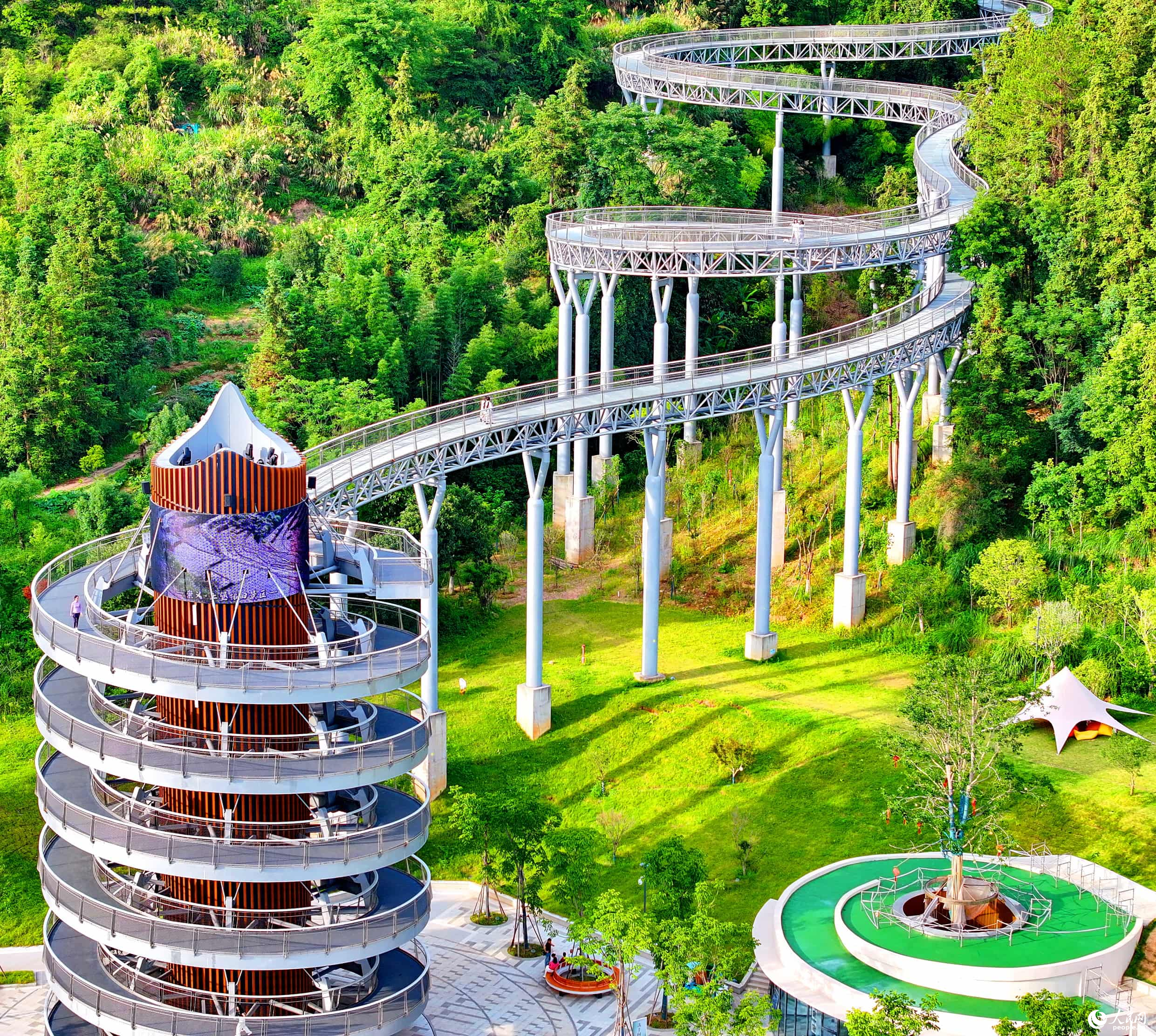 贛州市崇義縣城市森林空間，游客在鋼格柵棧道上散步游玩，觀賞綠色森林美景。人民網 朱海鵬攝