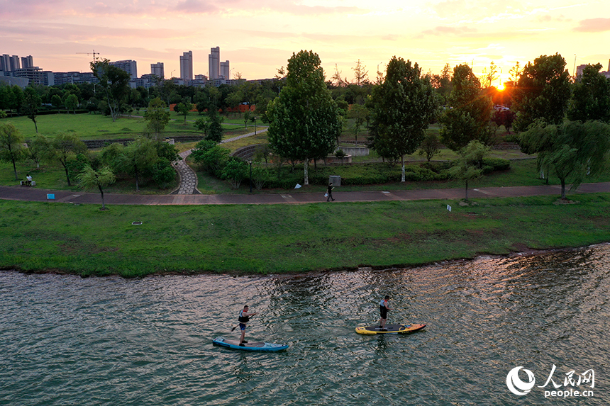 夕陽下，紅谷灘區九龍湖泛著金色波光，槳板愛好者們正在湖面揮槳劃行。人民網記者 時雨攝