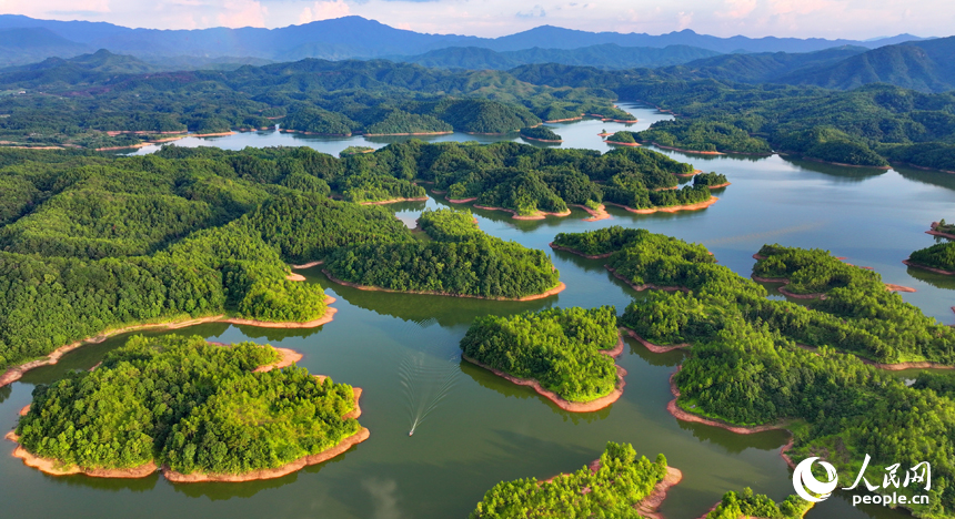 瑞金市日東鄉日東水庫，星羅棋布的小島與碧水、藍天相映成景，構成一幅秀美的生態畫卷。人民網 朱海鵬攝