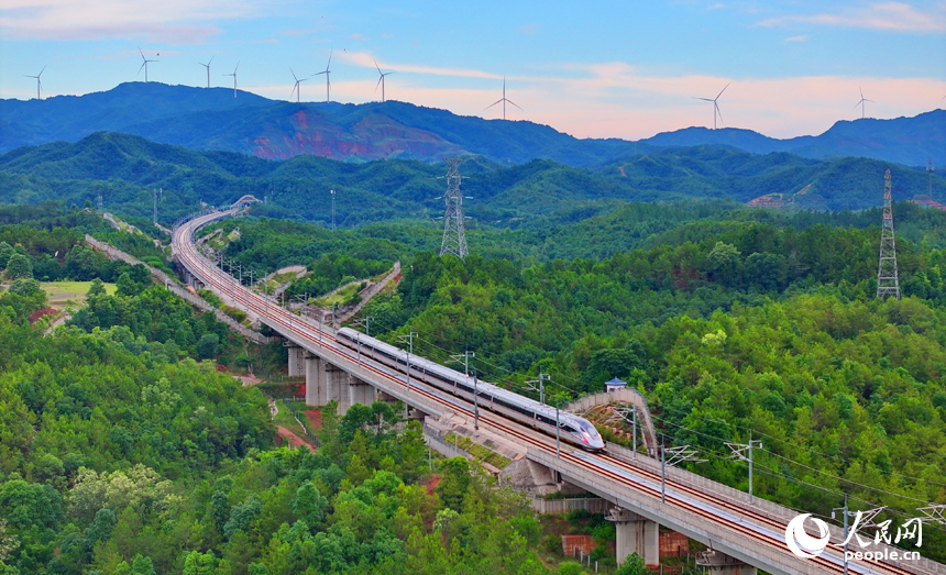 贛州市南康區龍嶺鎮，途經贛州西站的贛深高鐵列車往來疾馳。人民網 朱海鵬攝