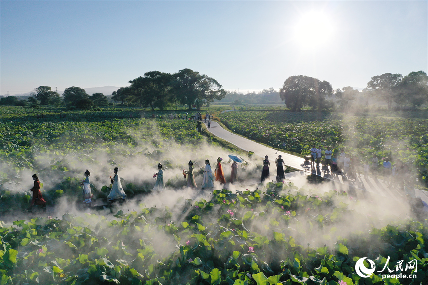蓮池棧道設置了噴霧裝置，行走棧道宛若仙境。人民網記者 時雨攝
