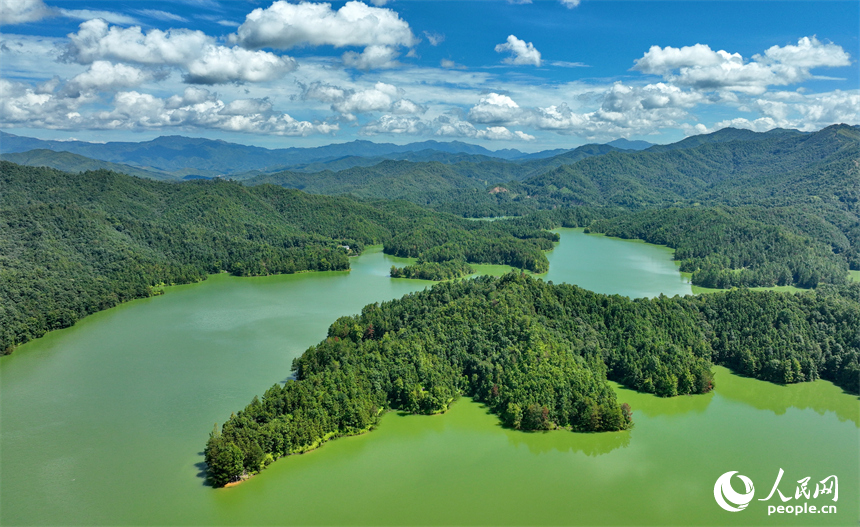 贛州市上猶縣陽明湖，山青水碧、樹木蔥蘢，與藍天白云相映成畫。人民網 朱海鵬攝