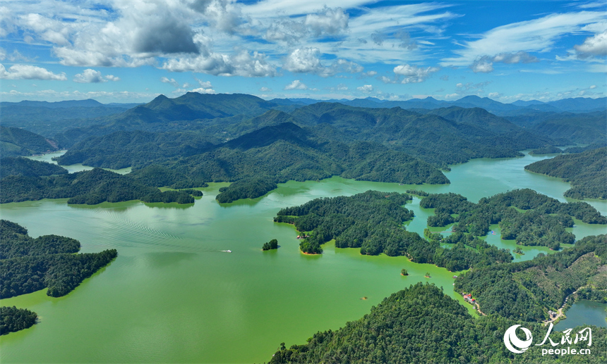 贛州市上猶縣陽明湖，山青水碧、樹木蔥蘢，與藍天白云相映成畫。人民網 朱海鵬攝