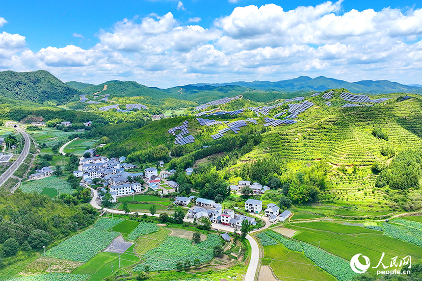 贛州市石城縣琴江鎮的一處光伏發電基地，鱗次櫛比的太陽能光伏板與青山綠樹、村莊田園相映襯，大地如同披上藍色“外衣”。人民網 朱海鵬攝