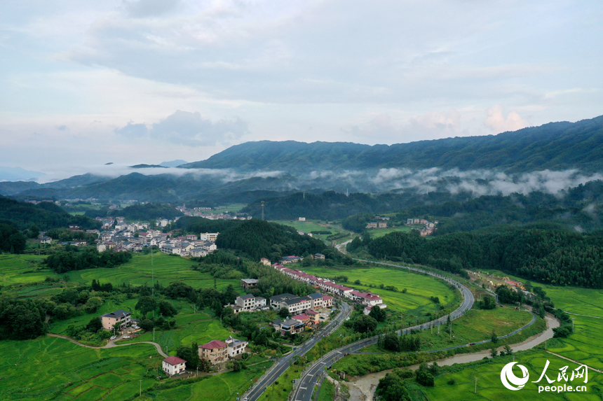 靖安縣中源鄉云霧繚繞，青翠的山林、層疊的田園與山間的民宿構成一幅水墨畫卷。人民網記者 時雨攝