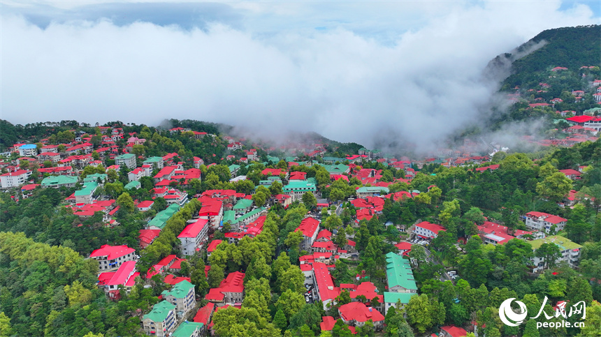 廬山市牯嶺鎮云霧繚繞，美輪美奐，與房屋、綠樹相映成景。人民網 朱海鵬攝