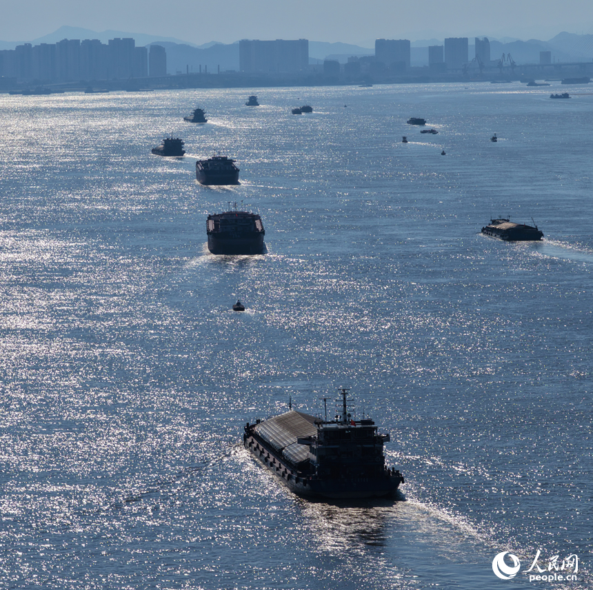 位于江西省九江市的長江航道，船舶往返穿梭，一派繁忙景象。人民網記者 毛思遠攝
