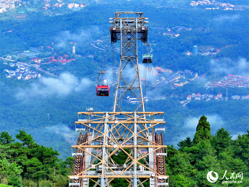 游客乘坐交通索道纜車觀賞廬山秋日美景。人民網 朱海鵬攝