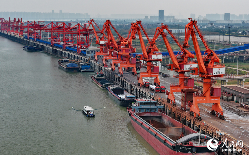 在姚灣綜合碼頭，運輸貨物的車輛往來穿梭，起重機裝卸作業有序進行。人民網 朱海鵬攝