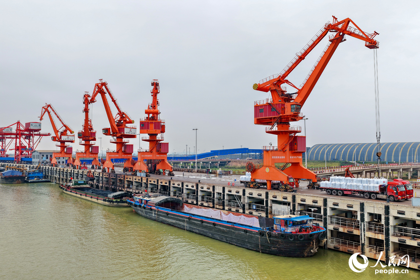 在姚灣綜合碼頭，運輸貨物的車輛往來穿梭，起重機裝卸作業有序進行。人民網 朱海鵬攝