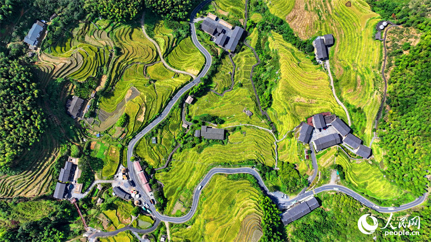 贛州市崇義縣上堡鄉，通村柏油公路串聯起層層疊疊的梯田，吸引了不少游客驅車前來游玩。人民網 朱海鵬攝