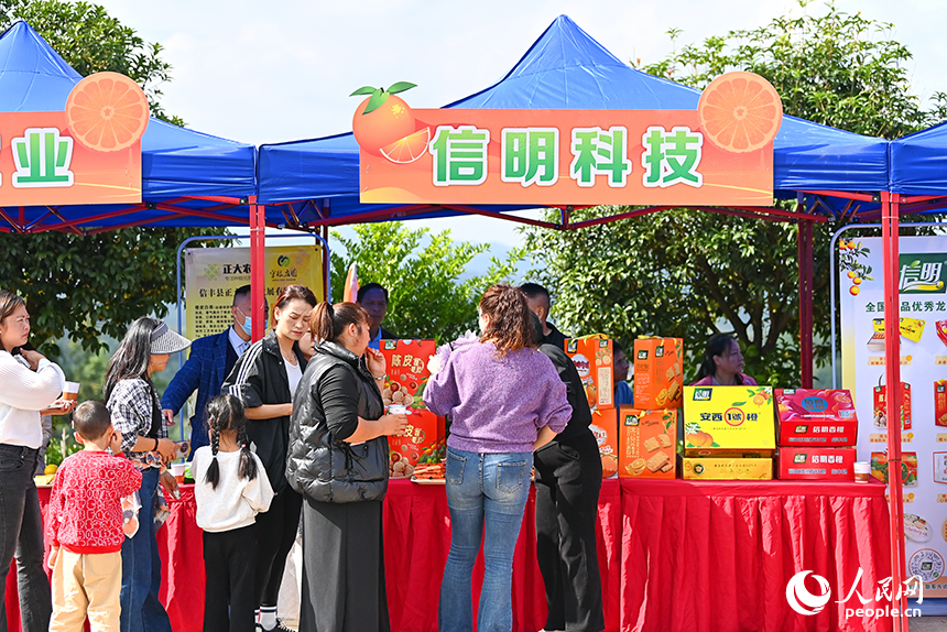 采購商和游客前來洽談臍橙訂單，品嘗臍橙特色美食。人民網 朱海鵬攝